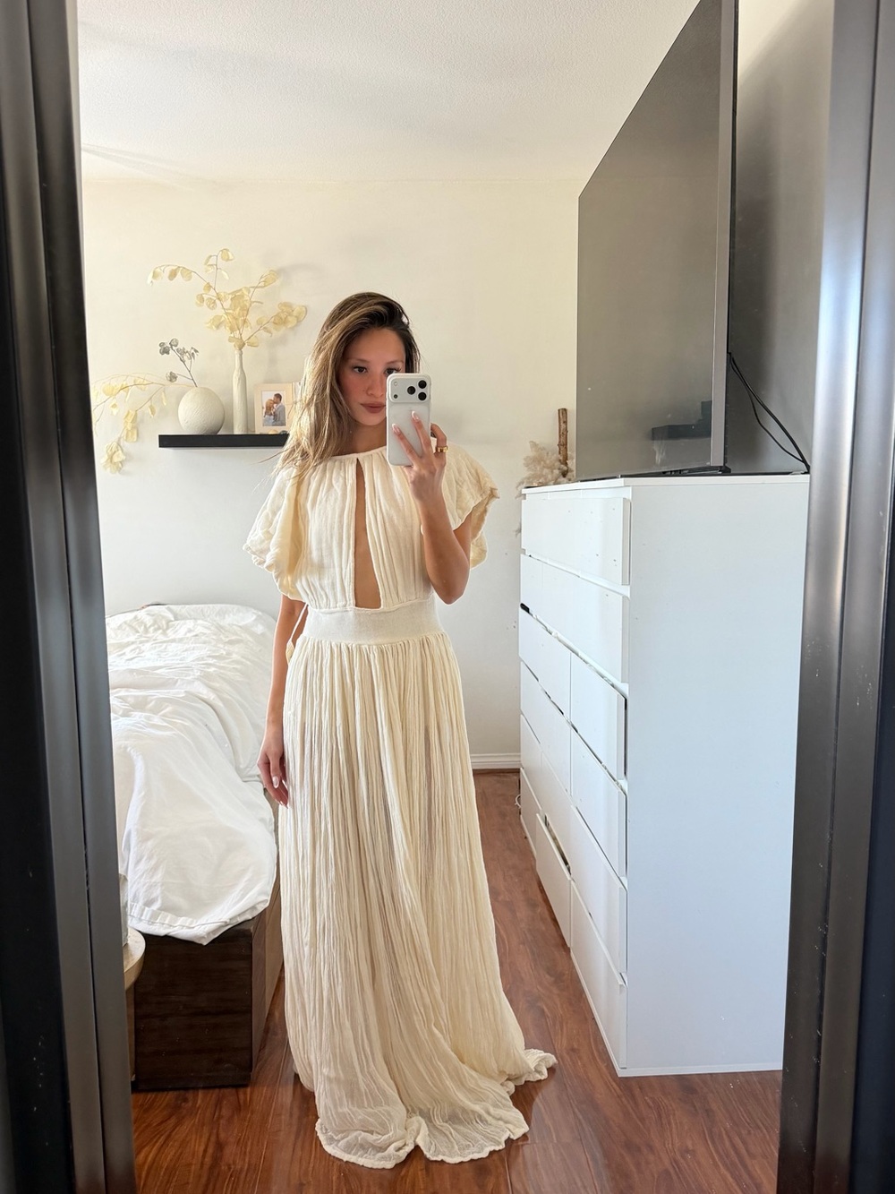 Jen's Pirate Booty Cream Pleated Maxi Dress with Cutout Bodice